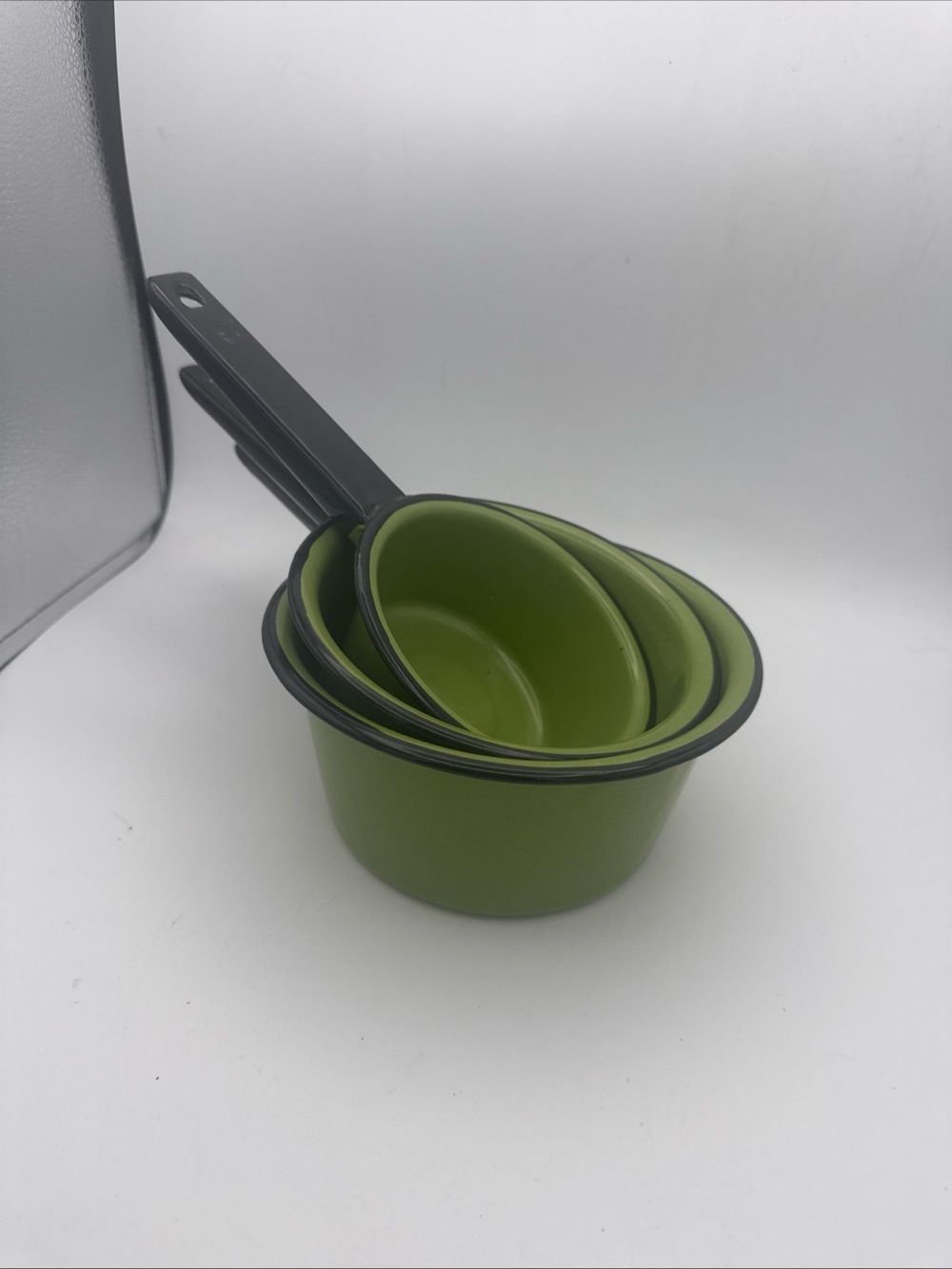 set Of 3 VTG Avocado Green Black Trim Enamelware Saucepans Pots Cottage Core